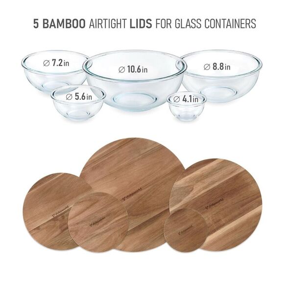 NEW Glass Mixing Bowls Acacia Lids - (Bowls Not Included) - Picture 2 of 7